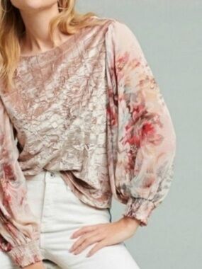 Women’s Crushed Velvet Blouse with Floral Sheer Sleeves - Taupe